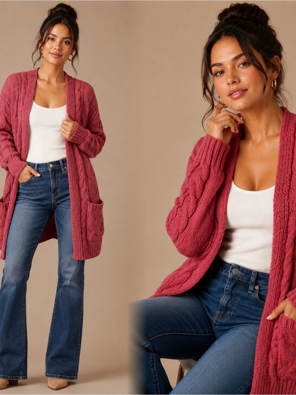 Cozy Soft Rose Pink Cable Knit Chenille Cardigan - Picture 4 of 12